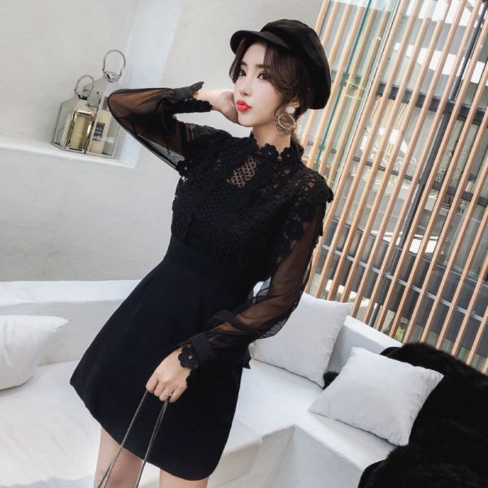 가을 레이스 할로우 드레스 프렌치 스타일