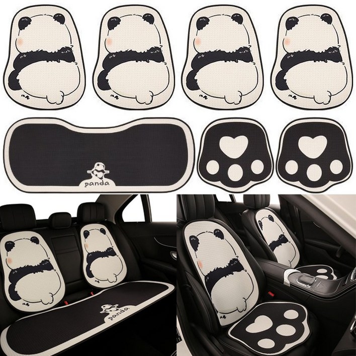 AOMIKS 판다 디자인 사계절 통기성 자동차 시트커버 풀세트 앞좌석 뒷좌석 등받이 포함 7종 세트, 1세트, 블랙