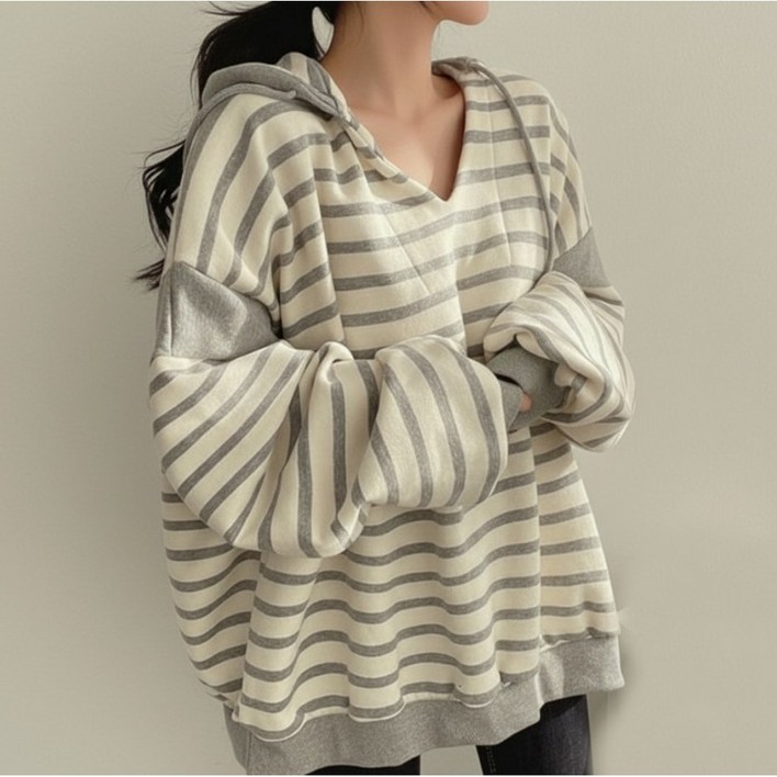 여성 루즈핏 빅사이즈 러블리 스트라이프 맨투맨 후드티