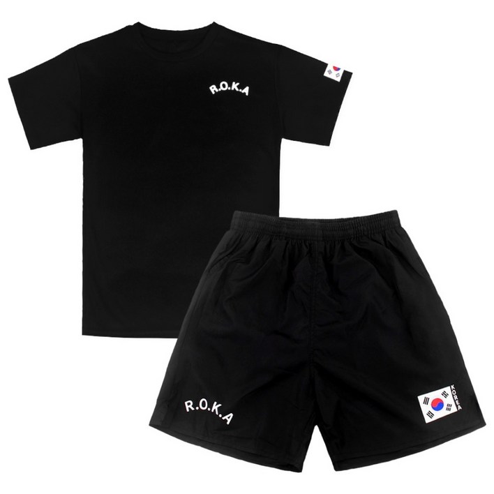 SET 쿨링 로카 반팔티 검정 1P  태극기 로카 반바지 검정 1P ROKA 쿨티셔츠 등산 헬스 반티 운동회
