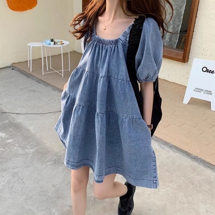모몰라티 여성 빅 사이즈 스퀘어넥 데님 퍼프 소매 미니 원피스 모몰라티 여성 빅 사이즈 스퀘어넥 데님 퍼프 소매 미니 원피스