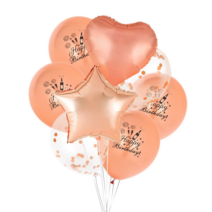 파티팡 생일풍선 하트 별 은박풍선 컨페티 샴페인 프린팅 고무풍선 8개 세트, 1개, 로즈골드