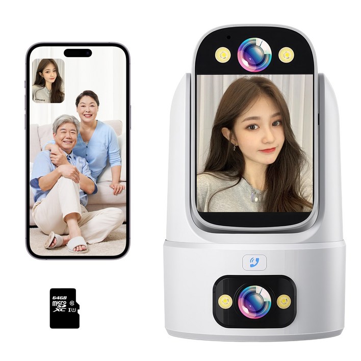 RUN기술 스마트 AI WiFi 홈캠 듀얼 렌즈 360도 회전형 양방향 영상통화 카메라