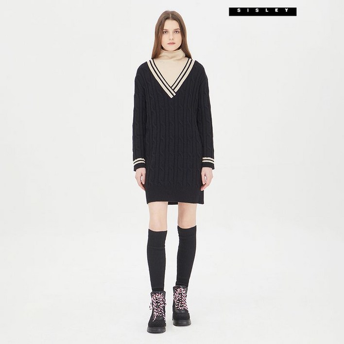 시슬리 배색 케이블 니트원피스 SAKO32361 BK