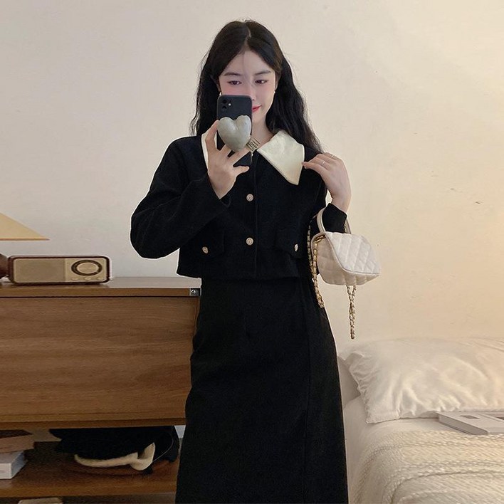 ANYOU 가을 겨울 원피스  롱 원피스 일상 블랙
