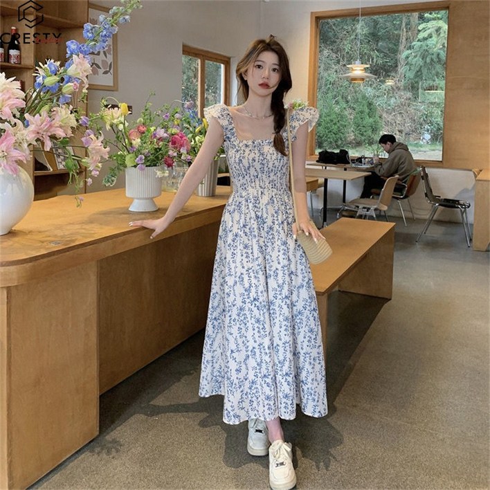 크레스티 여성용 민소매 플라워 롱 원피스 여름 바캉스 밴딩 A라인 스커트