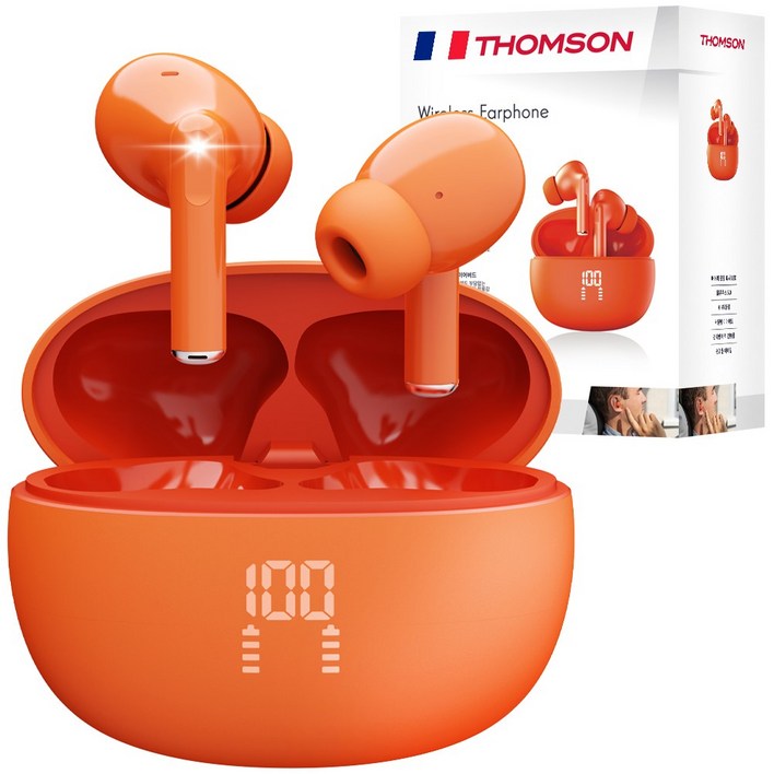 프랑스 톰슨 ENC 노이즈 캔슬링 LED 블루투스 6.0 이어폰 무선 방수, 오렌지 TBE201O
