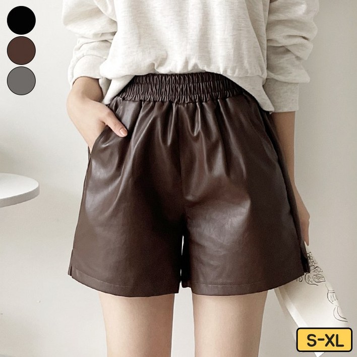 가비진 여성용 레더 밴드 옆트임 숏팬츠 편안한 허리 밴딩의 가죽 반바지 바지