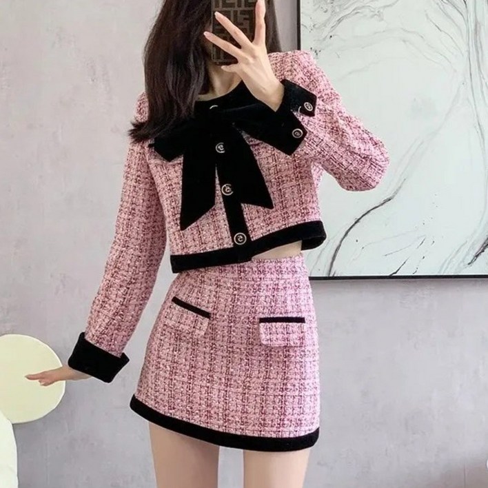 봄 가을 여성 소향풍 세트 캐주얼 긴팔 리본 숏 자켓  하이웨이스트 미니 스커트 상하의 투피스 기질 하객룩 여자 세트 ZZL
