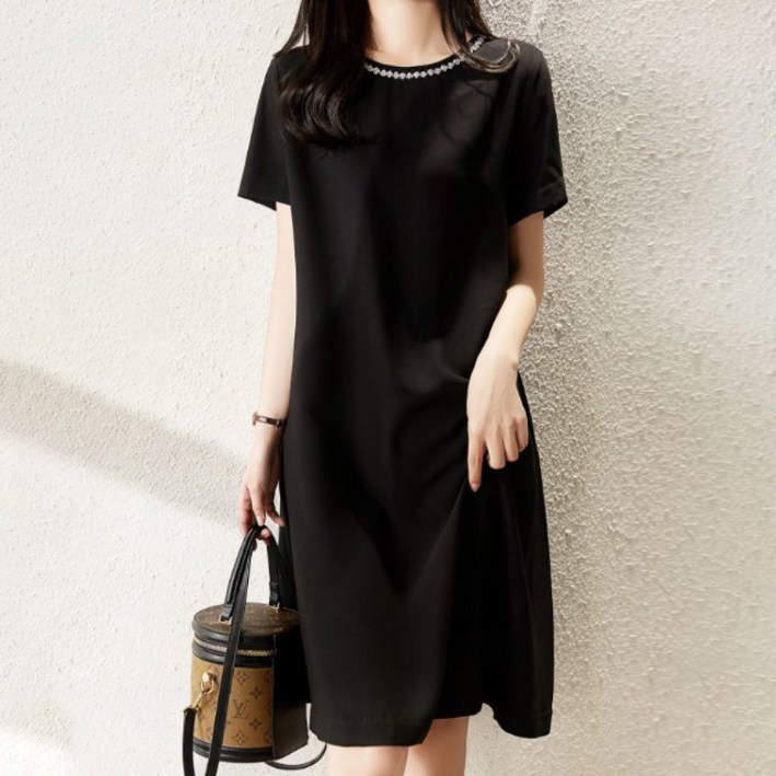 페이퍼먼츠 쥬얼리 라운드넥 뒷면 플리츠 통기성 반팔 지퍼 원피스 01984 빅사이즈 포함