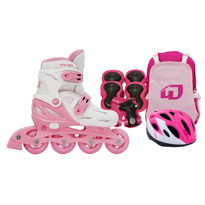 어린이인라인 휠러스 아동용 에이스2 인라인스케이트 + 가방 + 보호대 + 헬멧 콤보 세트, 핑크