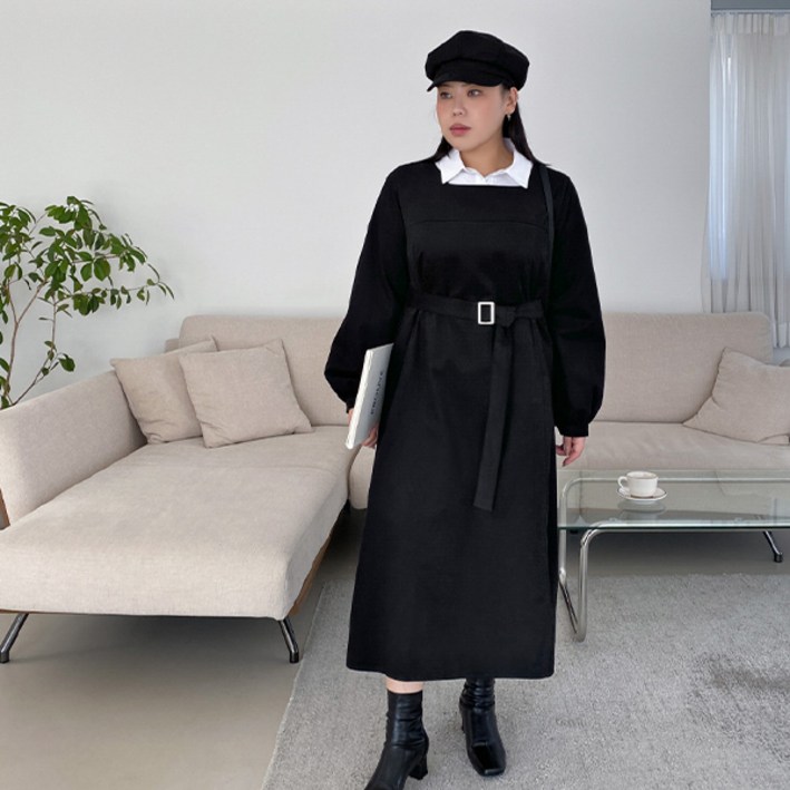 이블렛 빅사이즈 레브엘 기모 롱 원피스 + 벨트 세트