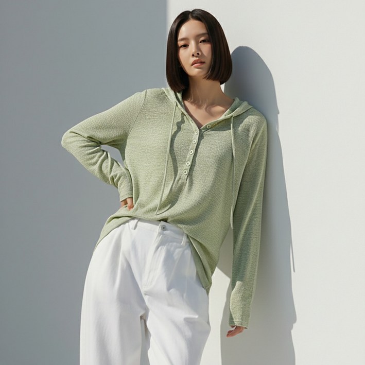 메이첼 멜란지 솔리드 롱 슬리브 후드 티셔츠 12465