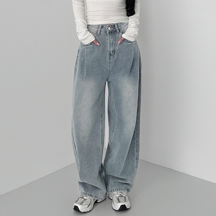 유라잇 여성용 기본롱 유핏 3탄 프론트 핀턱 벌룬핏 와이드 데님팬츠 322234