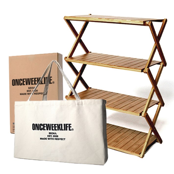 원스위크라이프 접이식 우드쉘프 선반 + 전용 수납 에코백 세트, 혼합색상, 4단, 1세트