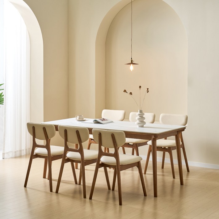 루시드퍼니처 라미 6인용 포세린 세라믹 원목 식탁세트 방문설치, 무광베이지  월넛, 일반의자 6