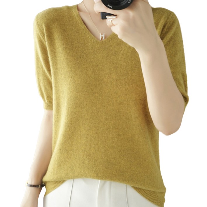 핑크셀럽 보들 브이넥 니트 반팔 티셔츠