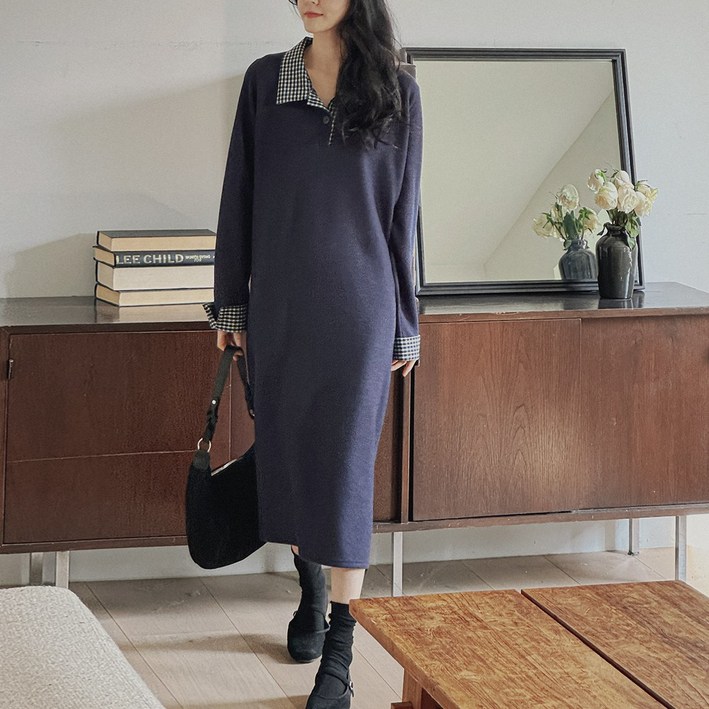 로로텐 체크 배색 카라 긴팔 롱 원피스 H라인 여성 빅사이즈