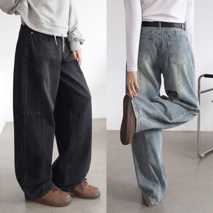 하늘바라기 여성용 세즈 절개 와이드 데님 팬츠