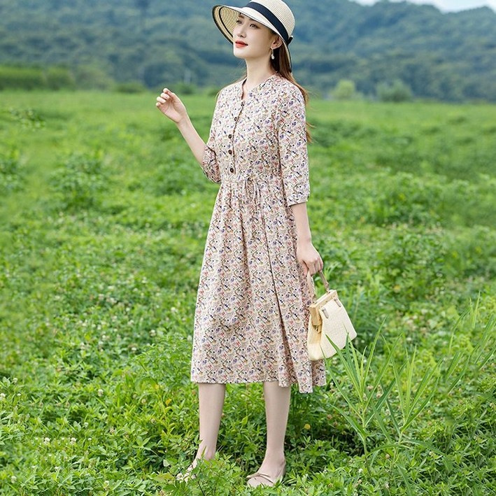 여성 여름 프린트 면 린넨 반팔 원피스 여름 7부 소매 루즈핏 허리 스트링 빅사이즈 원피스