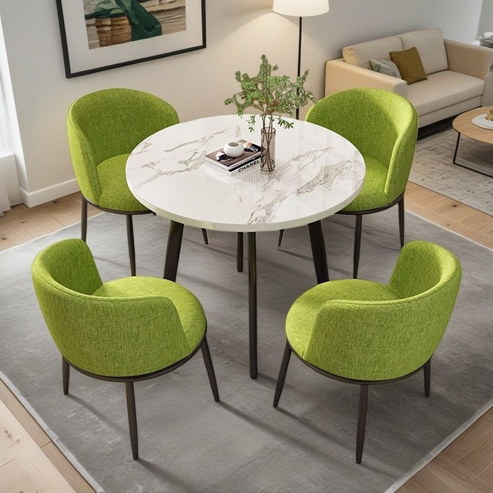 소형공간 접대용 원형 식탁세트 4인용식탁 휴식용 카페테이블 티테이블세트, 일반의자 4, 그린 패브릭(블랙 다리)900mm