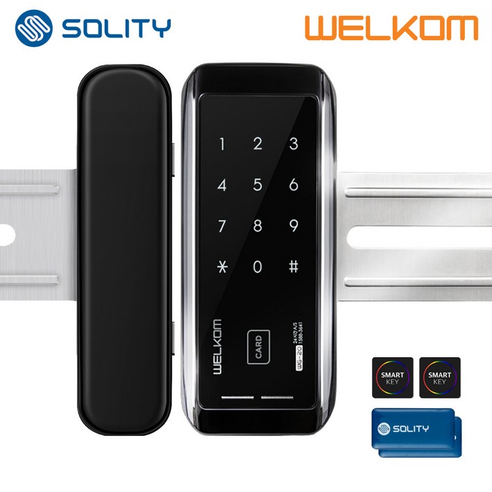 솔리티 웰콤 WG20 단문형양문형홀더포함 카드키4개번호키 강화유리문용 좌우수문인식키패드자동전환 상시문열림기능 차임벨 생활방수 상가 빌라 매장 현관문 디지털도어락 도어록, 웰콤 WG20 양문형카드키4비밀번호자가설치