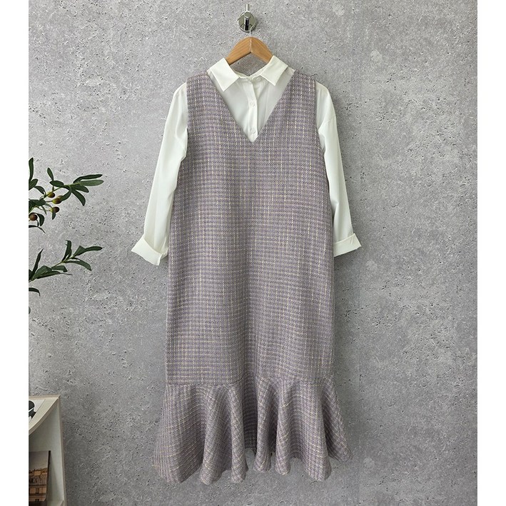 제이웰 여성 루즈핏 민소매 뷔스티에  트위드 머메이드 체크원피스
