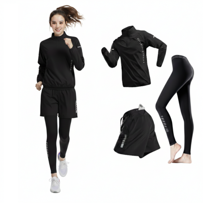BYMSPORT 여성 런닝복 스포츠웨어 상하 운동복 세트 (긴팔+포켓반바지+긴레깅스)