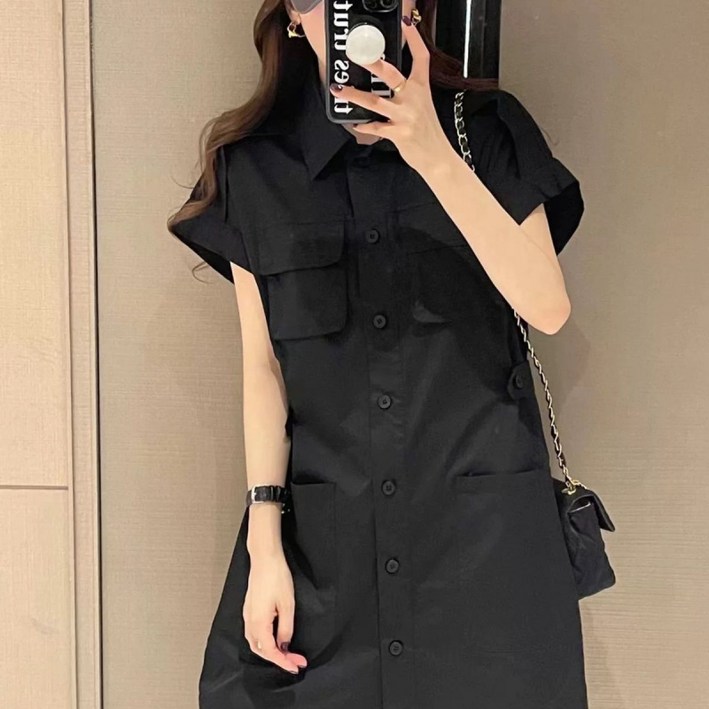 미중 여성 뉴 반팔 원피스 빅사이즈 포켓 박시 카고 셔츠형 심플 단추 가디건 순색lyf