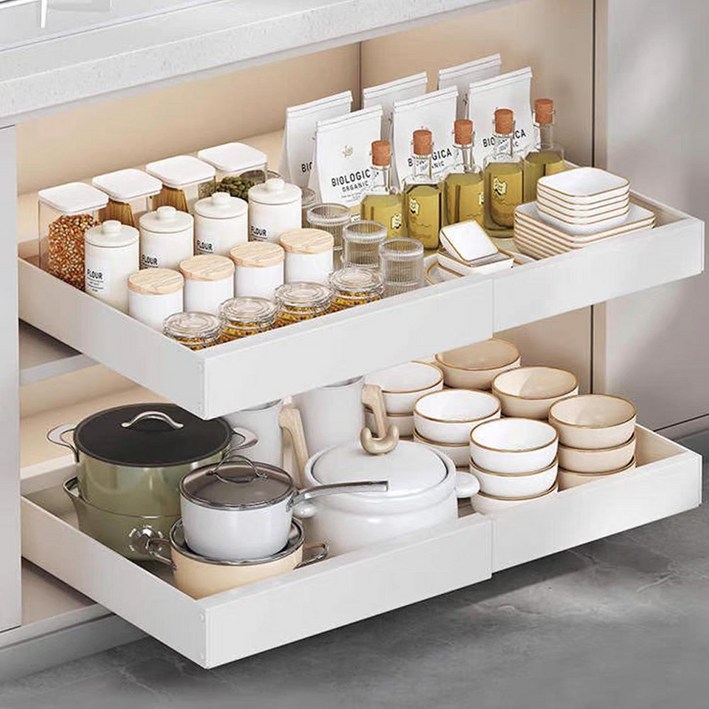 슬라이딩 선반 레일 수납 확장형 무타공 리빙박스 트레이 수납장, 1개