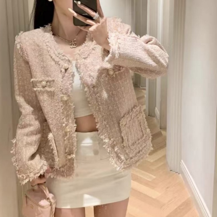 쁘띠엘라 프리미엄 긴팔 트위드 자켓 하객룩 부클 수술장식 노카라