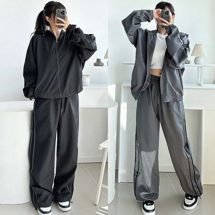 [셋업/당일발송]  2줄 스트링 후드집업세트 꾸안꾸 바스락 트레이닝세트 와이드팬츠 오버핏 후드집업 빅사이즈