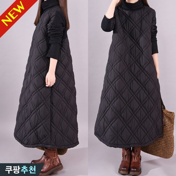날씬해보이는 빅사이즈 여성 퀼팅 패딩 빈티지 원피스 엄마옷 겨울 누빔 아가일 클래식 터틀넥 큰옷 2xl 중년여성 의류 50대 외출 아우터 방한 따뜻한 점퍼 박스 루즈핏 롱패딩