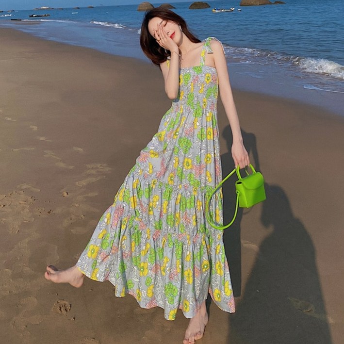 동남아여행 원피스 동남아 여행룩 베트남 태국 필리핀 여성 Maxi Floral Slip Dress 여름 2022 활주로 우아 - 쇼핑앤샵