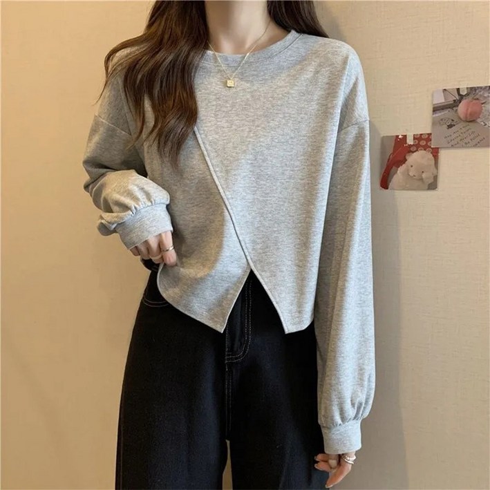 꽃소담 여자 앞트임 봄가을 무지 크롭 맨투맨 숏 긴팔티셔츠  XP1273