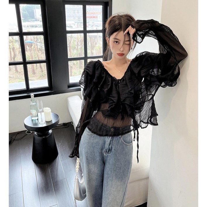 여승무원 보이핏 볼륨 페플럼 여 블랙블라우스 여성
