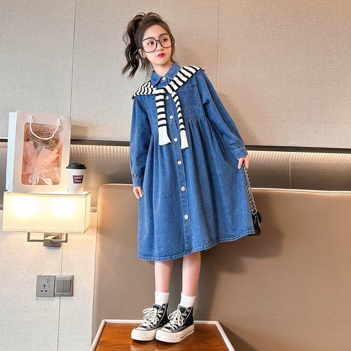 빠빠야네 키즈 주니어 여아 스트라이프숄 데님 청원피스 봄가을