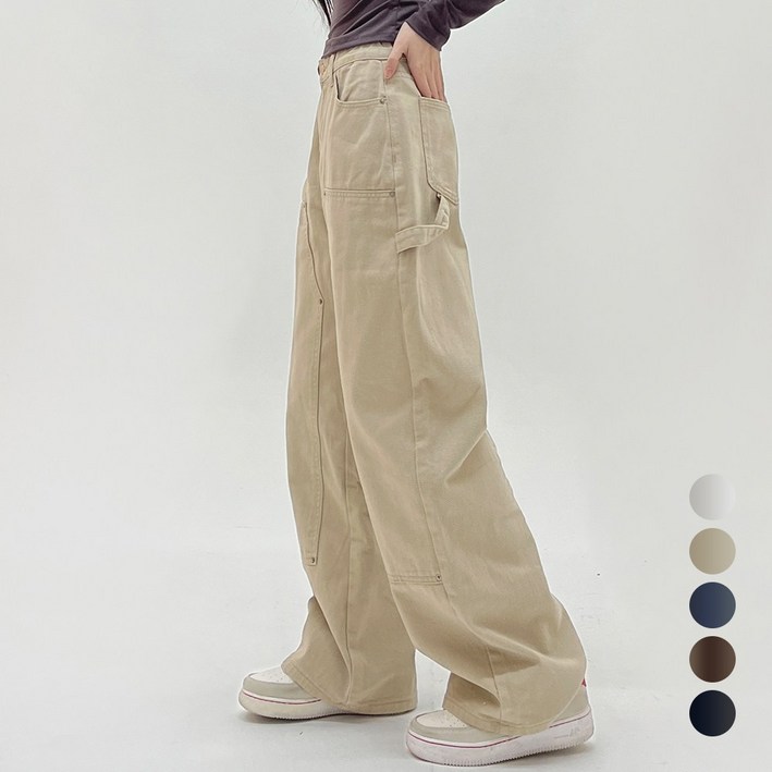 코모도 여성 와이드 카펜터 면바지 밑단 스트링 워크웨어 바지 조거 팬츠  2단기장 