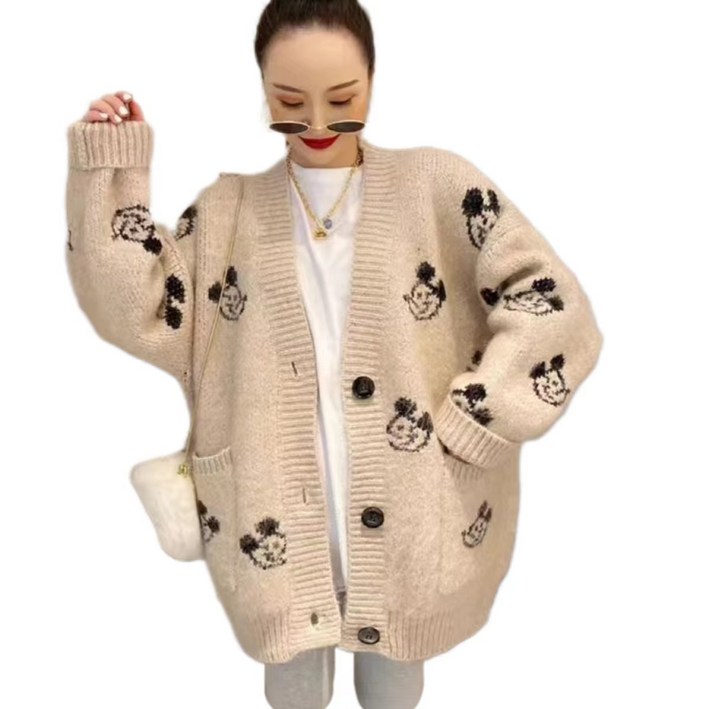 urkoteer 가을겨울 버튼 나른 미키 도톰 여성 루즈핏 니트 가디건 스웨터 아우터