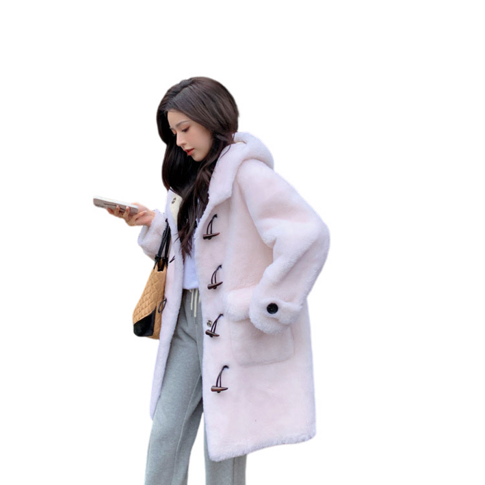 여성용 크롭 후드 스웨이드 알갱이 밍크 코트 퍼 일체 코트 뉴타임즈 N378X725