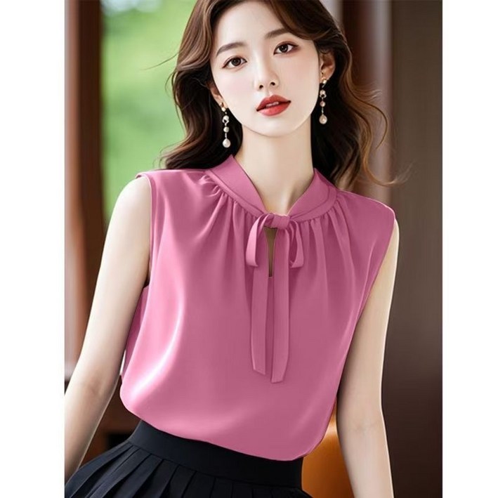 유니픽여성 봄여름 쉬폰 민소매 블라우스 스탠드 칼라 리본 장식wd