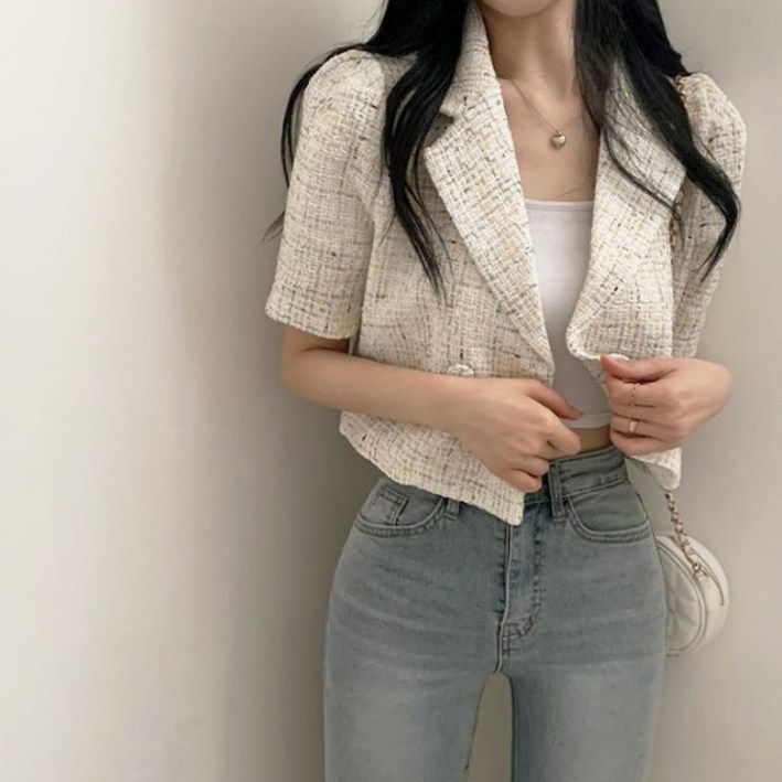발리걸 썸머 트위드 카라 퍼프 크롭 싱글 버튼 반팔 자켓