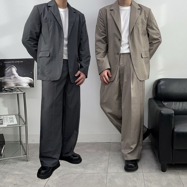 [프리미엄/SET] 오버핏 블레이저 셋업 와이드 수트 세트 마이 정장 자켓 하객룩 벌룬 세미 TR