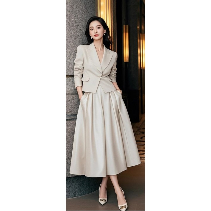 해피유통  봄 오피스룩 세트 정장 코트+스커트 투피스 고급 통근 세트 스커트 여성 패션 세트 BJJ001