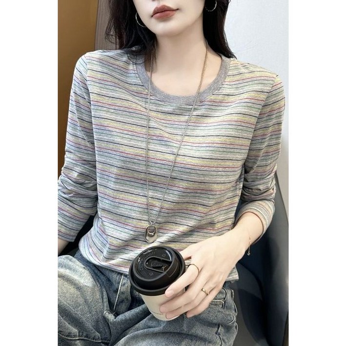 여성 순면 스트라이프 긴팔티 빅사이즈 봄가을 라운드 긴팔 티셔츠