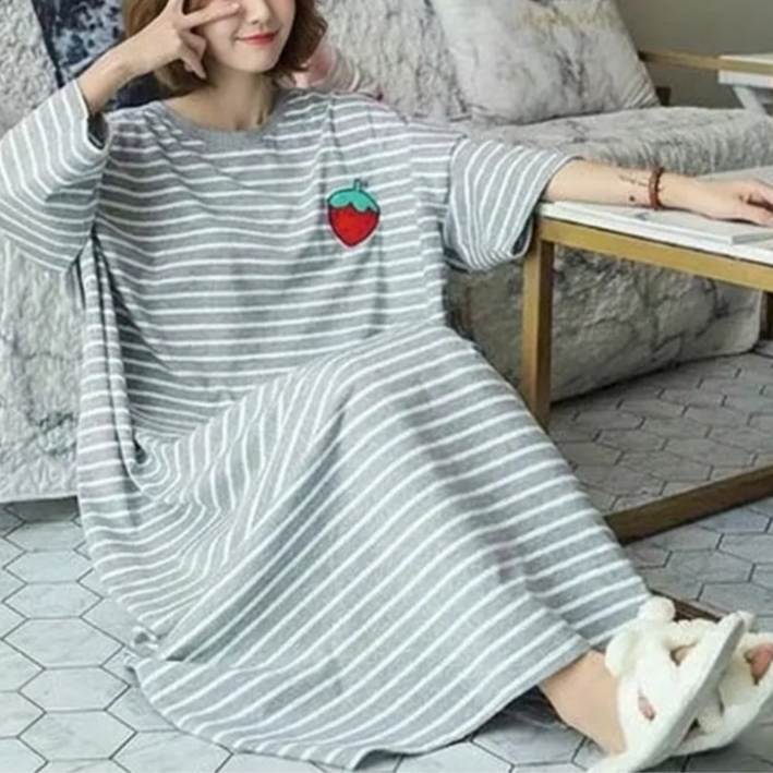 번쩍번쩍몰 과일포인트 줄무늬 반팔 롱 원피스