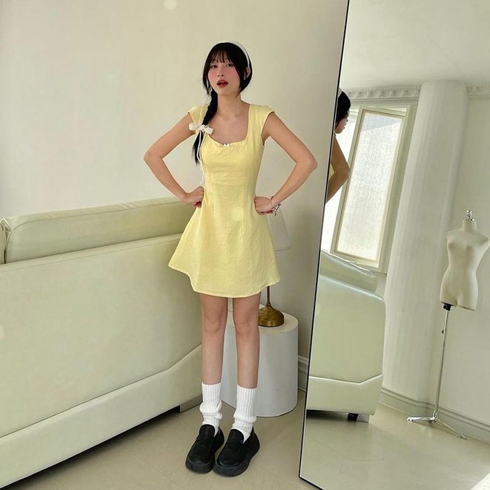 인플루언서 동일 옐로우 러블리 슬림 여성 신상 원피스 한국 원피스