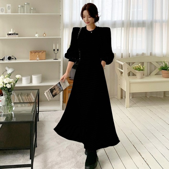 떳다그녀 브롱 핀턱 퍼프소매 꾸안꾸 포켓 데일리룩 단가라 스트라이프 무지 맥시 롱원피스
