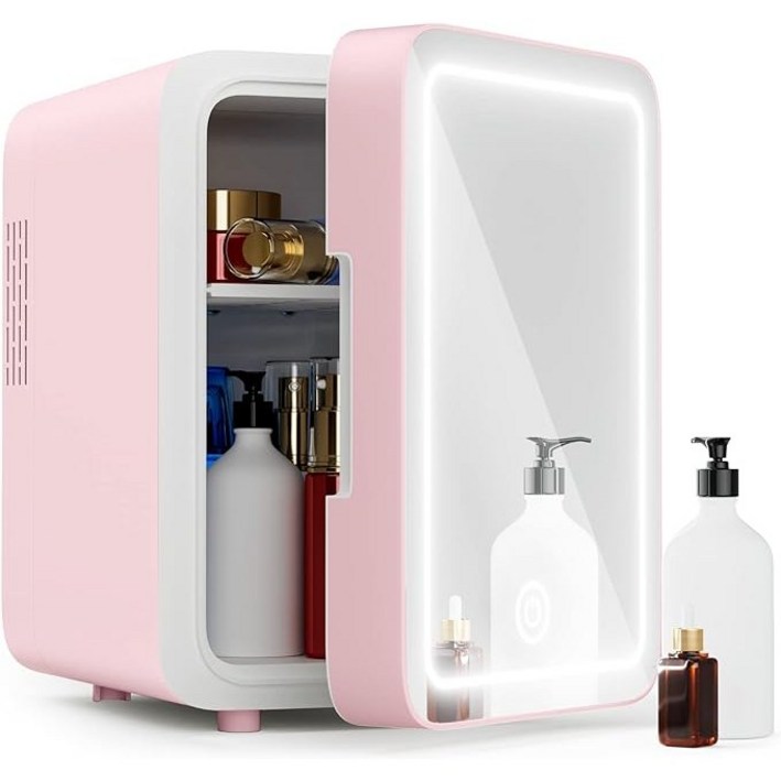 Fowod 화장품 냉장고 미니 냉장고 LED 미러 디자인, 분홍색