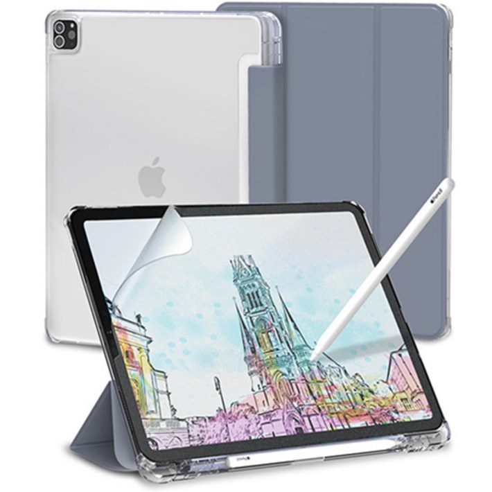 아이패드8세대 신지모루 클리어 애플펜슬 수납 태블릿PC 케이스 + 종이질감 액정보호 필름 세트, 라벤더 퍼플
